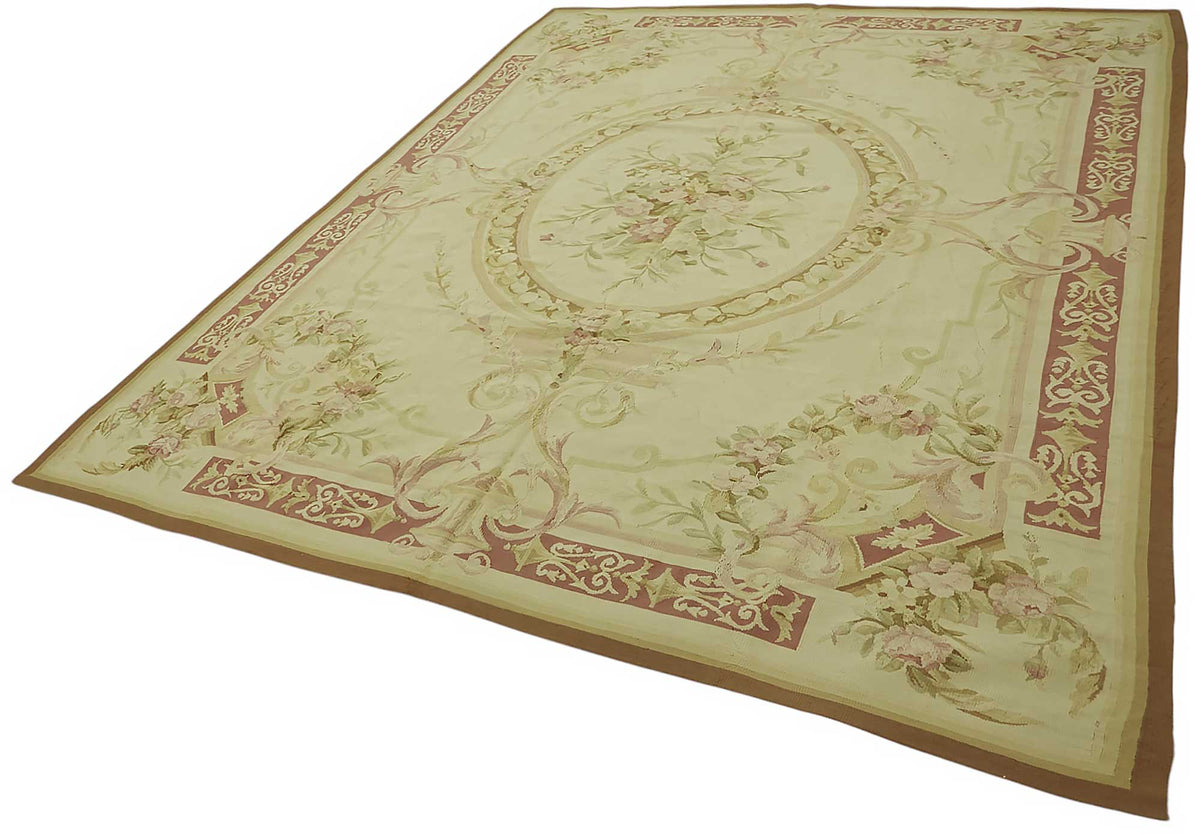 Sivemi Bej Pembe Çiçek Desenli Klasik El Dokuma Halı 237x290 cm – doku yakın çekim