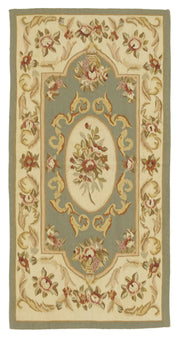 Sivemi Yeşil Bej Halı Klasik Çiçekli Aubusson Dokuma 71x143 cm