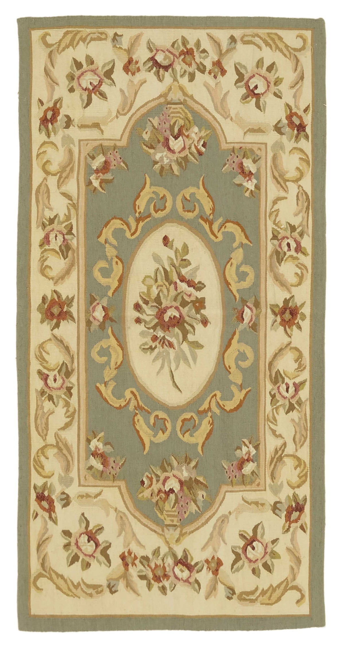 Sivemi Yeşil Bej Halı Klasik Çiçekli Aubusson Dokuma 71x143 cm