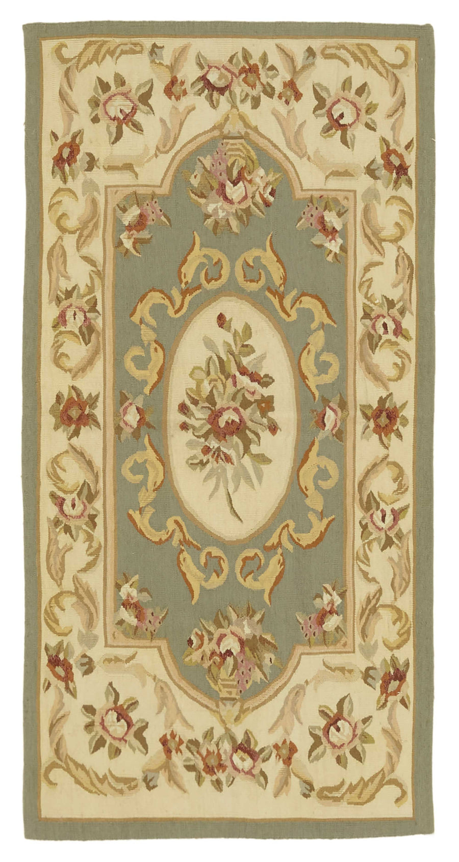 Sivemi Yeşil Bej Halı Klasik Çiçekli Aubusson Dokuma 71x143 cm