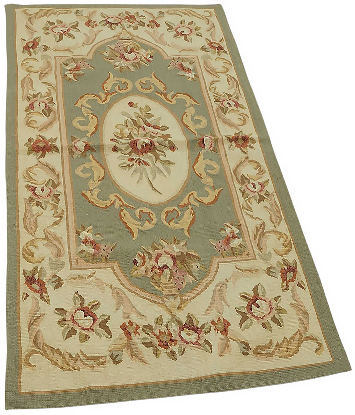 Sivemi Yeşil Bej Halı Klasik Çiçekli Aubusson Dokuma 71x143 cm – genel görünüm