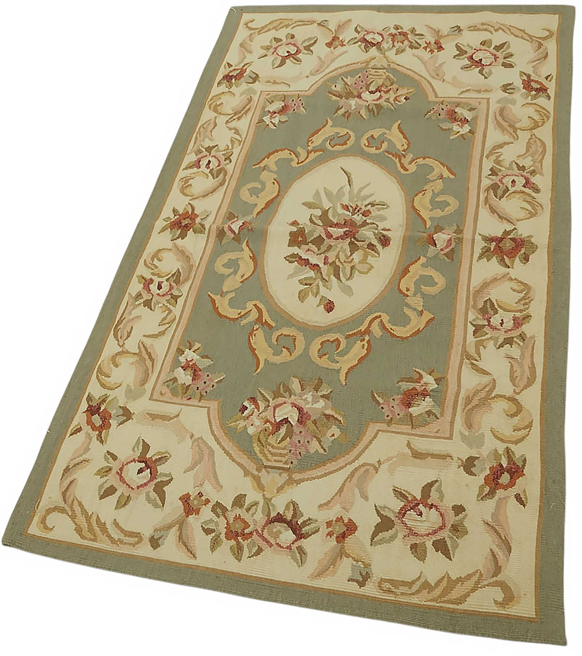 Sivemi Yeşil Bej Halı Klasik Çiçekli Aubusson Dokuma 71x143 cm – doku yakın çekim
