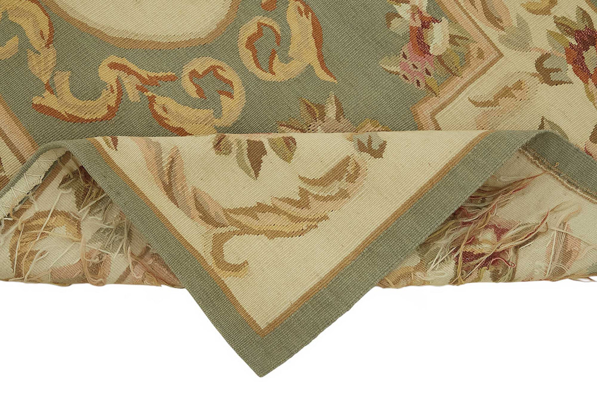 Sivemi Yeşil Bej Halı Klasik Çiçekli Aubusson Dokuma 71x143 cm – kenar detayı