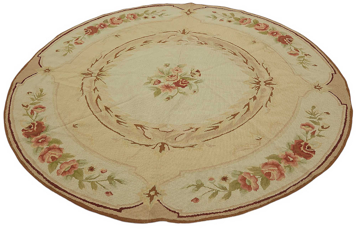 Mevri Çiçek Desenli Bej Kırmızı Yuvarlak Dokuma Halı 180x180 cm – doku yakın çekim