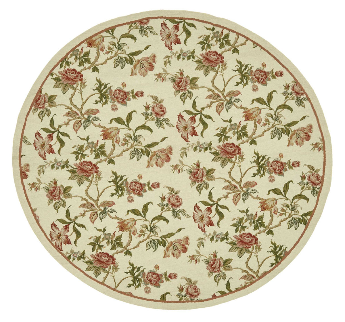 Mevri Krem Kırmızı Çiçek Desenli Yuvarlak El Dokuma Halı 186x186 cm