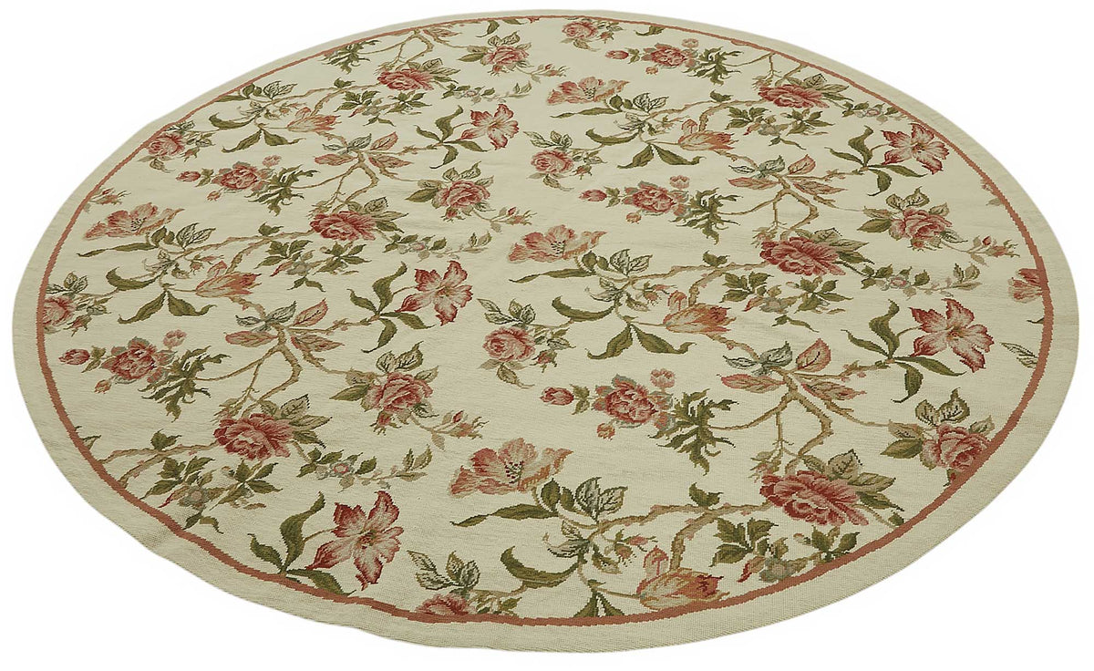 Mevri Krem Kırmızı Çiçek Desenli Yuvarlak El Dokuma Halı 186x186 cm – doku yakın çekim