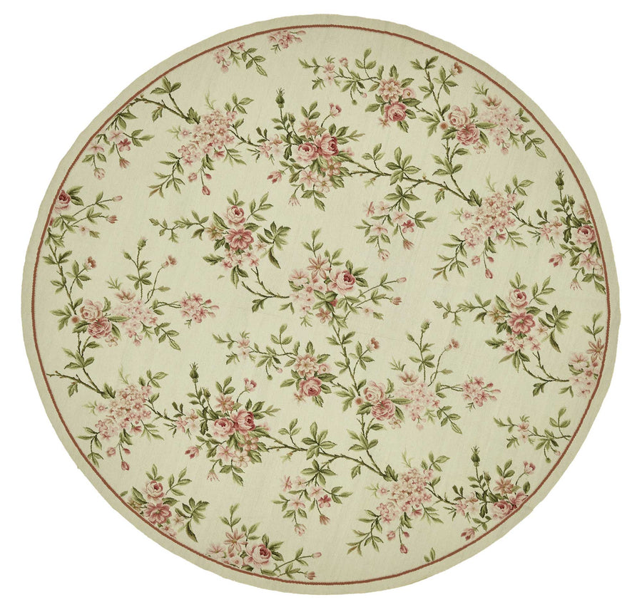 Mevri Çiçek Desenli Yuvarlak Toz Pembe Halı Krem Zeminli 240x240 cm