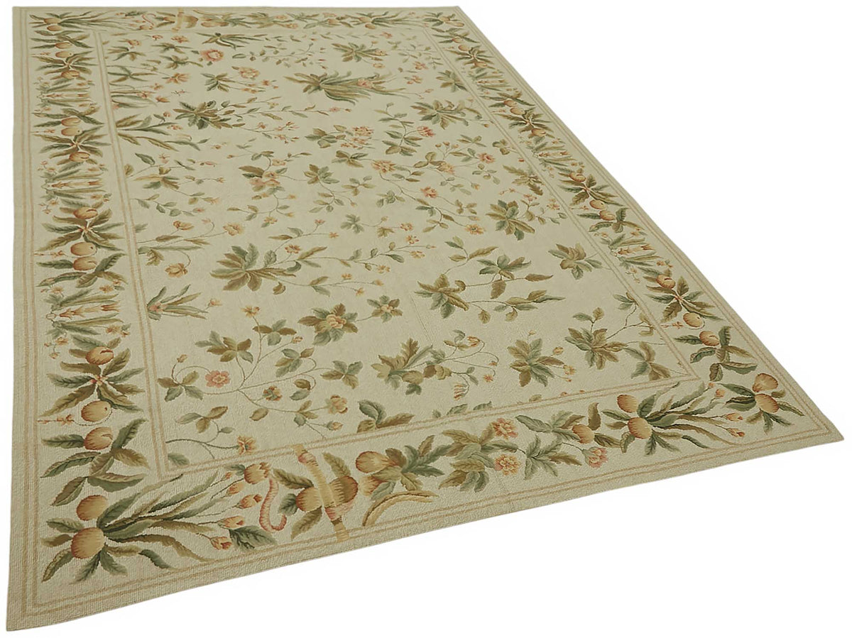 Mevri Çiçek Desenli Bej Yeşil El Dokuma Vintage Halı 180x264 cm – genel görünüm
