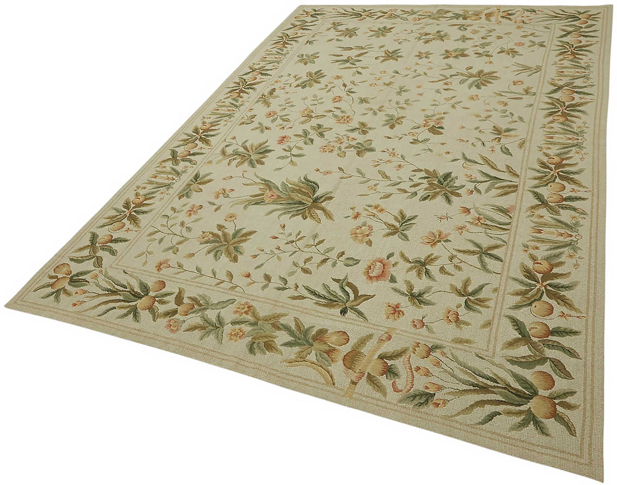 Mevri Çiçek Desenli Bej Yeşil El Dokuma Vintage Halı 180x264 cm – doku yakın çekim