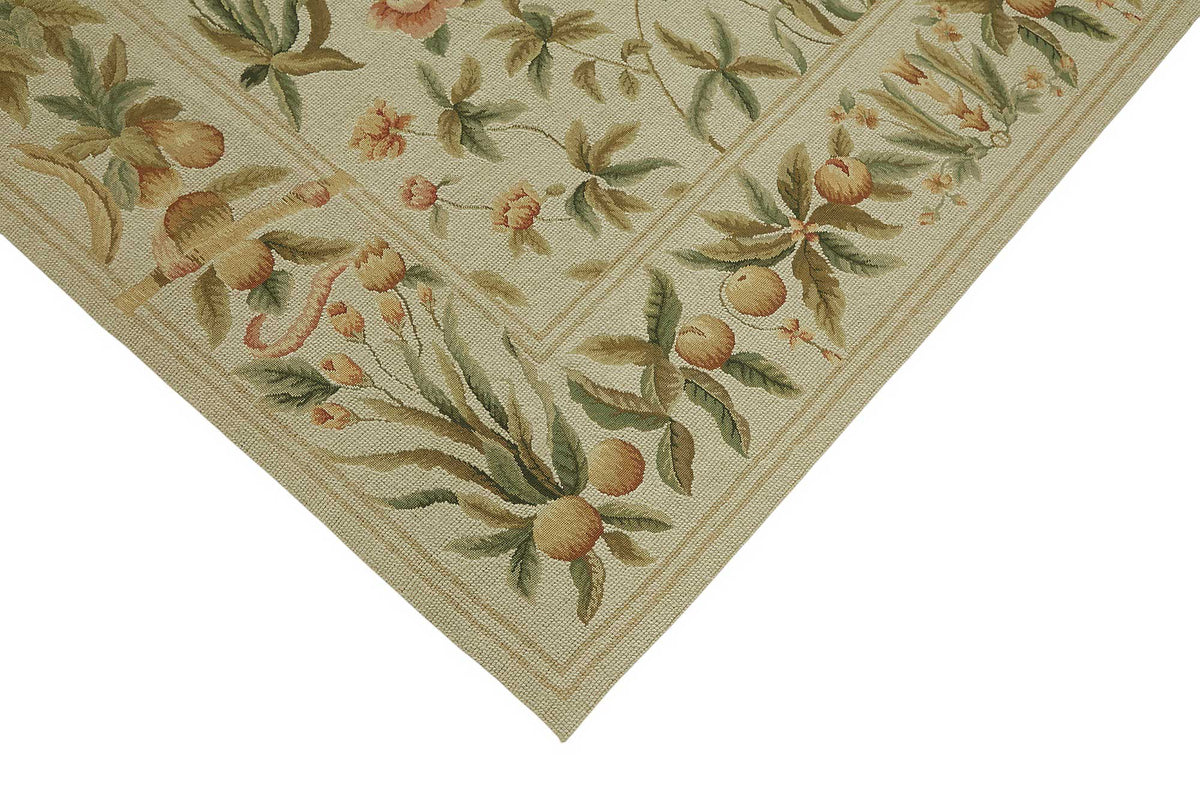 Mevri Çiçek Desenli Bej Yeşil El Dokuma Vintage Halı 180x264 cm – detay görünümü