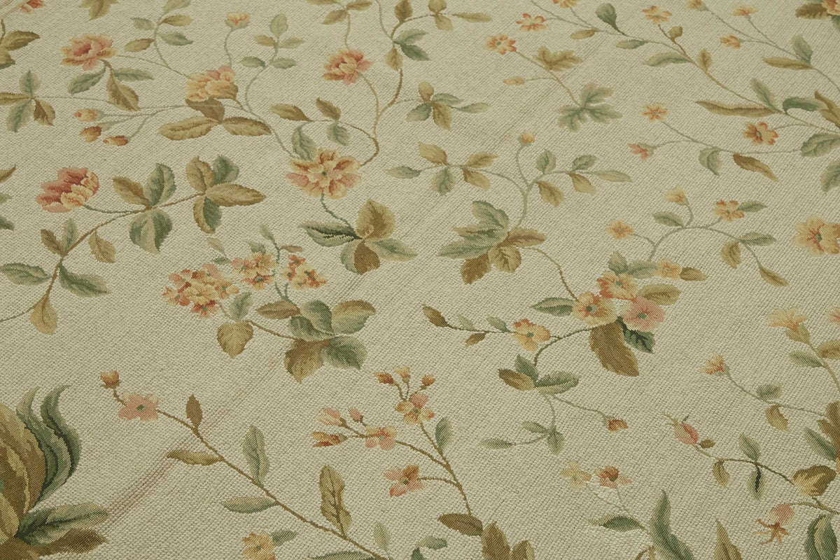 Mevri Çiçek Desenli Bej Yeşil El Dokuma Vintage Halı 180x264 cm – mekânda kullanım