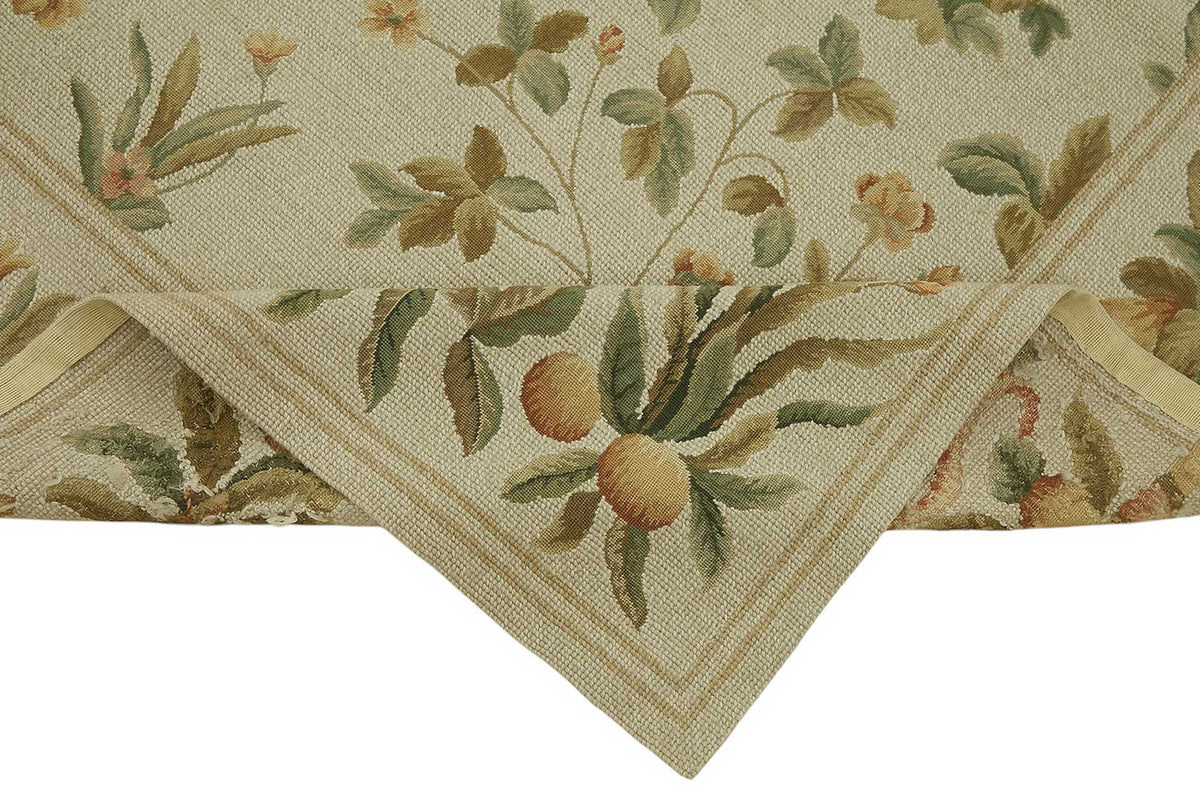 Mevri Çiçek Desenli Bej Yeşil El Dokuma Vintage Halı 180x264 cm – kenar detayı
