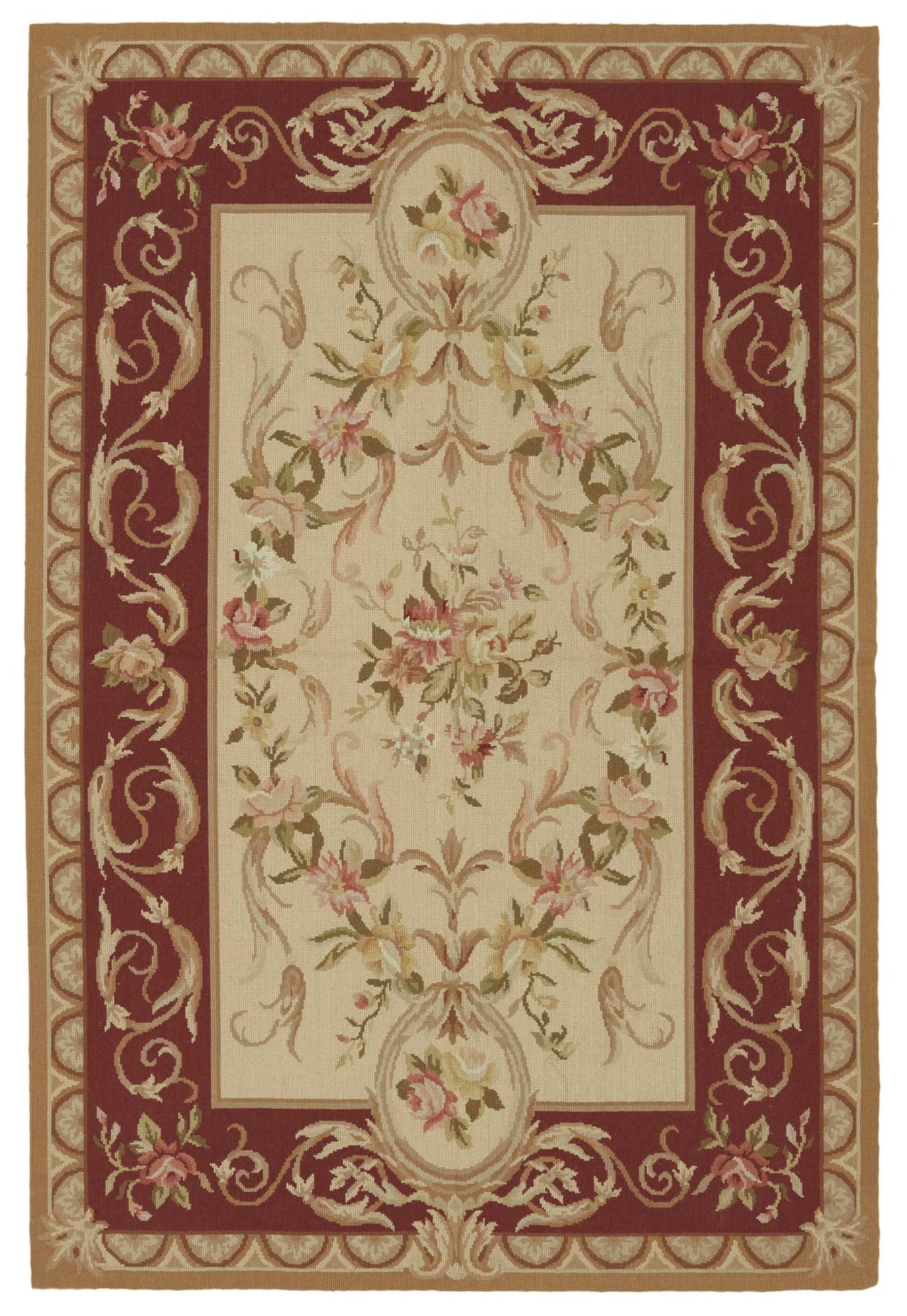 Mevri Bordo Bej Halı, Çiçekli Needlepoint El Dokuması 122x183 cm
