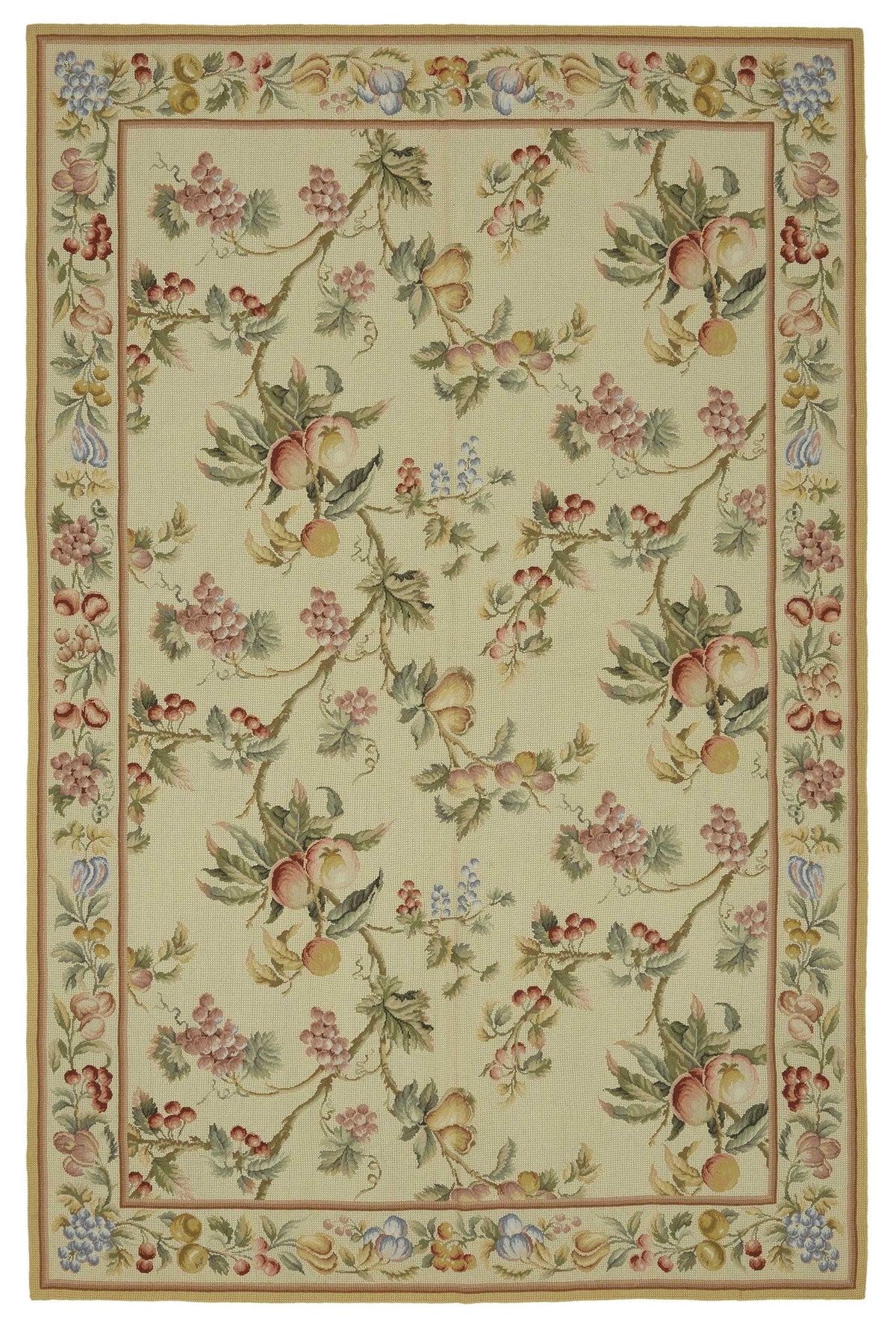 Mevri Yeşil Bej Halı Klasik Çiçek Desenli Needlepoint 185x280 cm