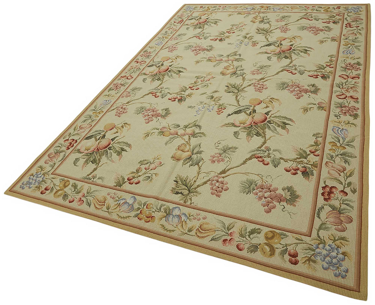 Mevri Yeşil Bej Halı Klasik Çiçek Desenli Needlepoint 185x280 cm – doku yakın çekim