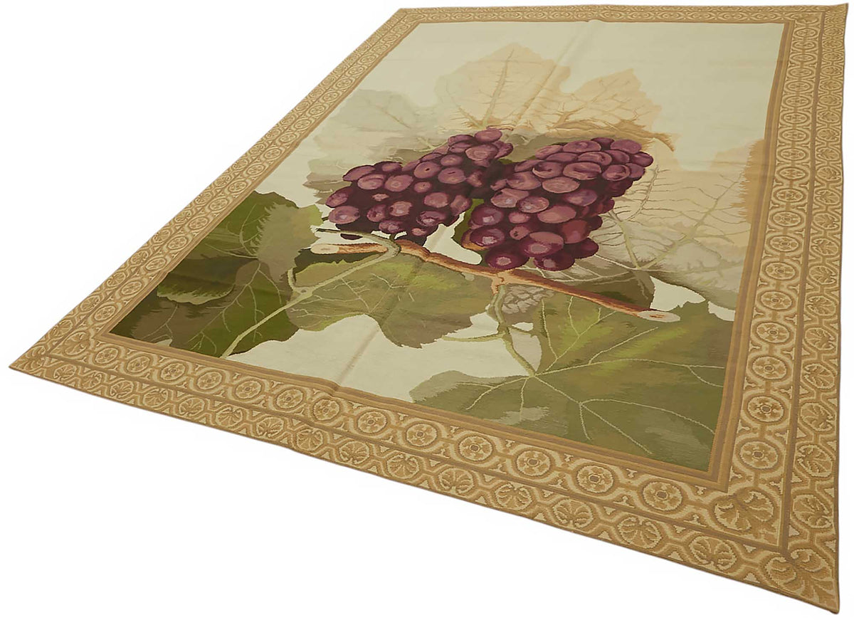 Mevri Dokuma Modern Needlepoint Halı Bej ve Mor Çiçek Desenli 212x292 cm – doku yakın çekim
