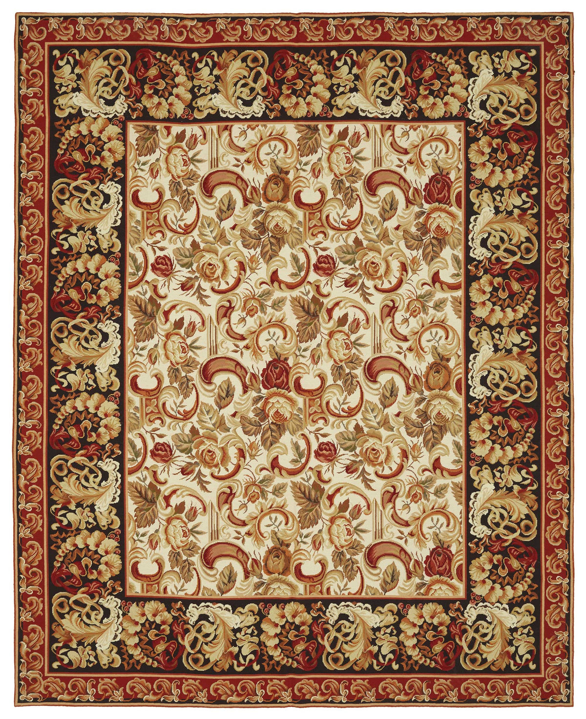 Mevri Bej Kırmızı Çiçek Desenli Yün El Dokuma Needlepoint Halı 239x298 cm