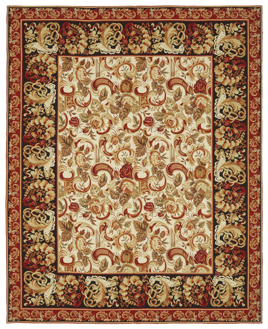 Mevri Bej Kırmızı Çiçek Desenli Yün El Dokuma Needlepoint Halı 239x298 cm