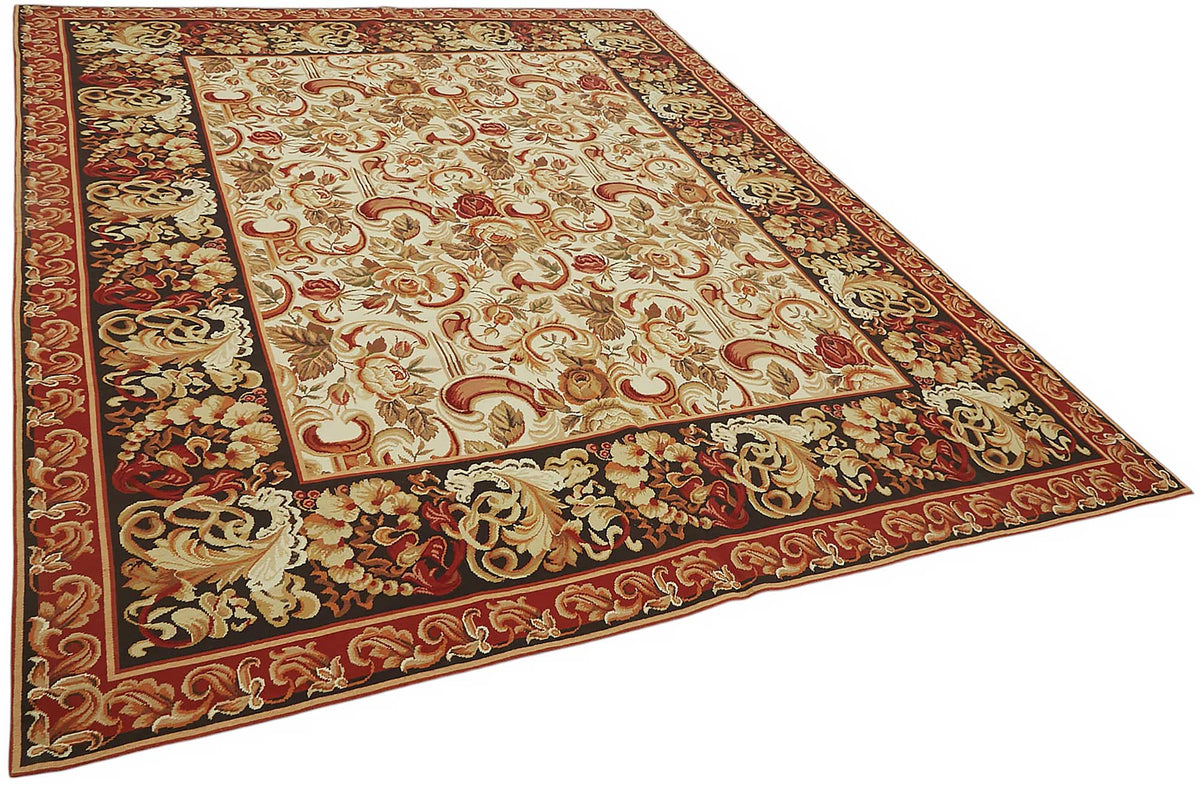 Mevri Bej Kırmızı Çiçek Desenli Yün El Dokuma Needlepoint Halı 239x298 cm – genel görünüm