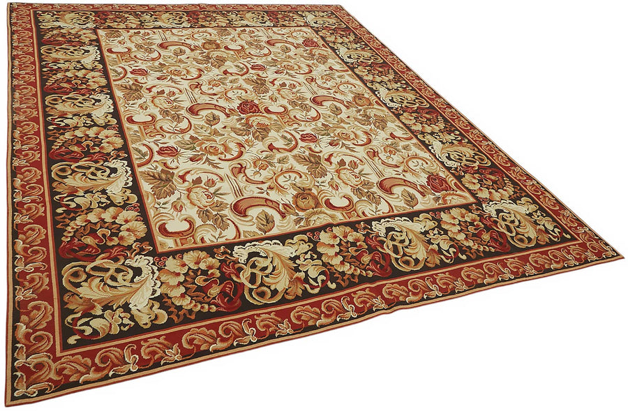 Mevri Bej Kırmızı Çiçek Desenli Yün El Dokuma Needlepoint Halı 239x298 cm – genel görünüm