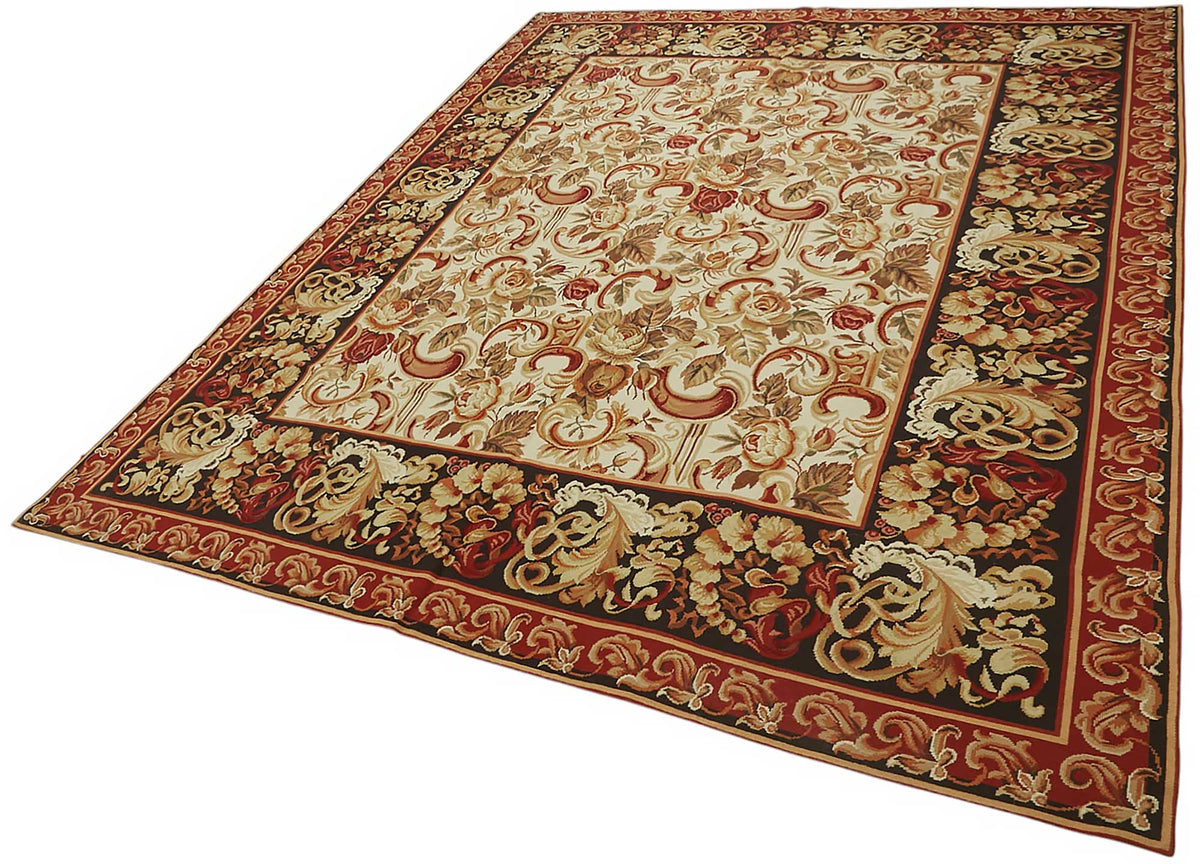 Mevri Bej Kırmızı Çiçek Desenli Yün El Dokuma Needlepoint Halı 239x298 cm – doku yakın çekim