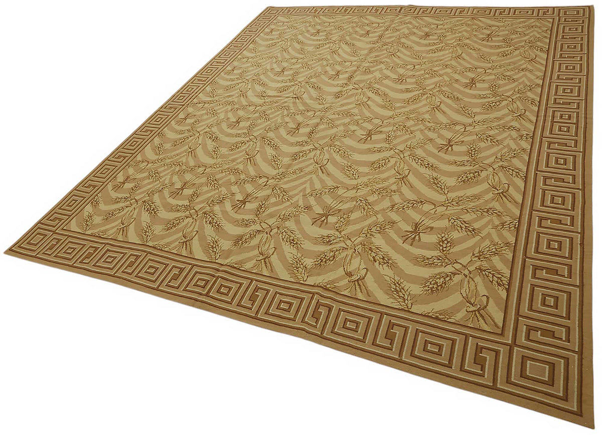 Mevri Bej ve Kahverengi Geometrik Desenli El Dokuma Halı 244x303 cm – doku yakın çekim