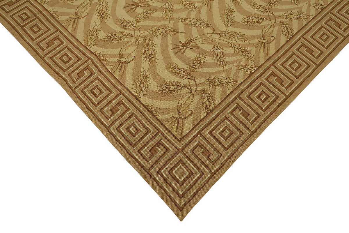 Mevri Bej ve Kahverengi Geometrik Desenli El Dokuma Halı 244x303 cm – detay görünümü