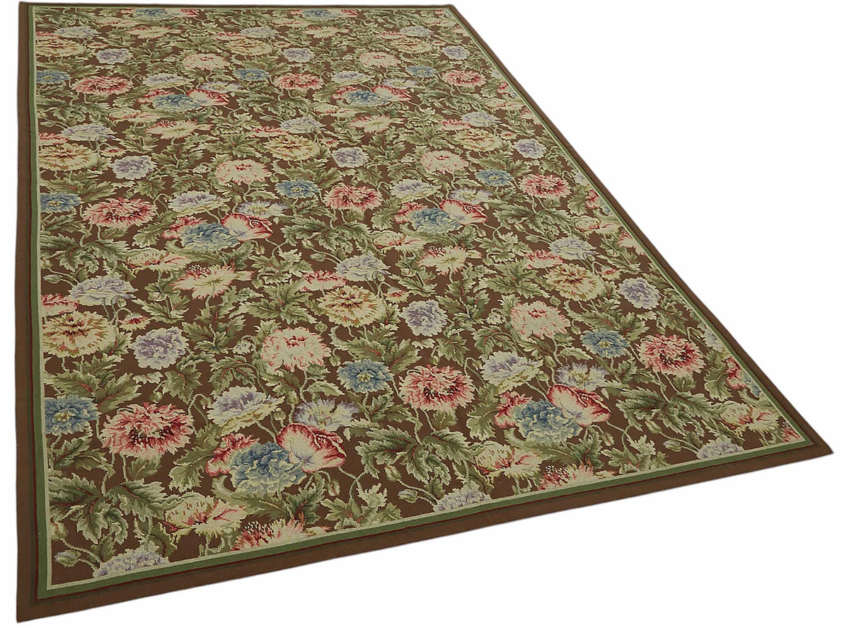 Mevri Needlepoint Kahverengi Yeşil Çiçek Desenli Halı 186x277 cm – genel görünüm