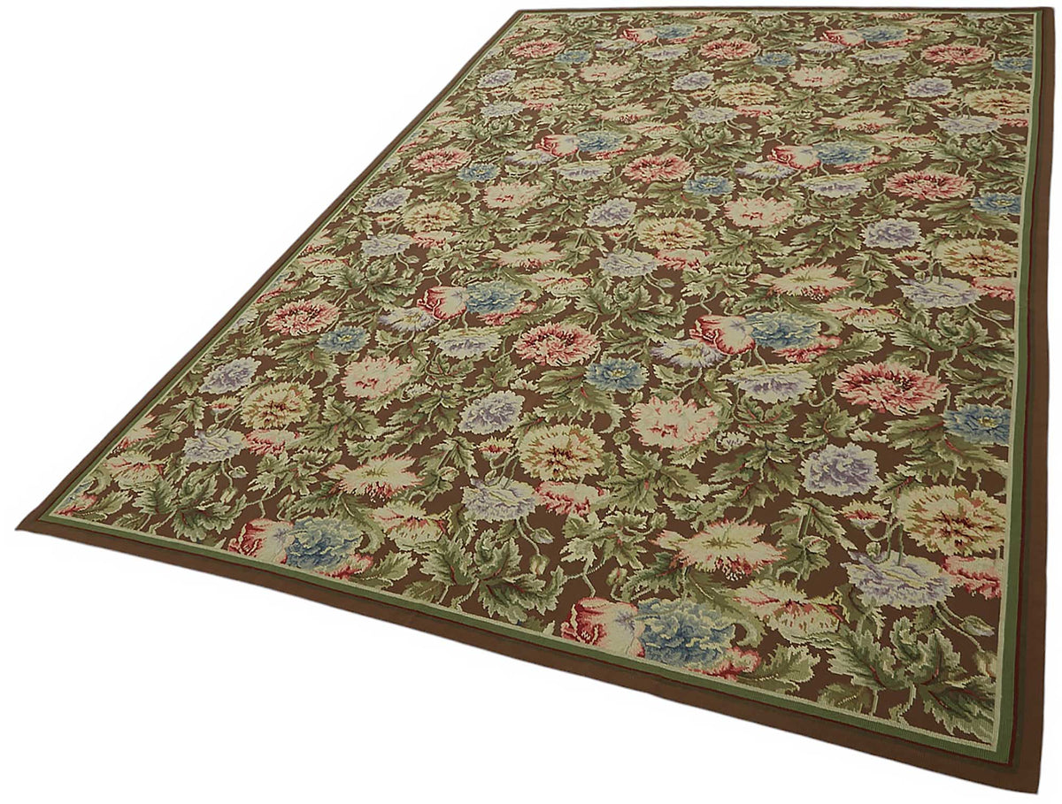Mevri Needlepoint Kahverengi Yeşil Çiçek Desenli Halı 186x277 cm – doku yakın çekim