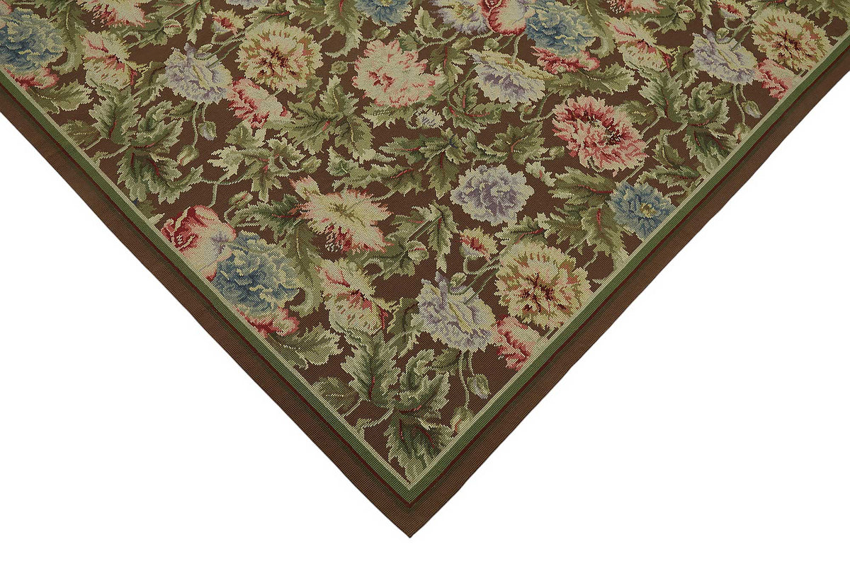 Mevri Needlepoint Kahverengi Yeşil Çiçek Desenli Halı 186x277 cm – detay görünümü