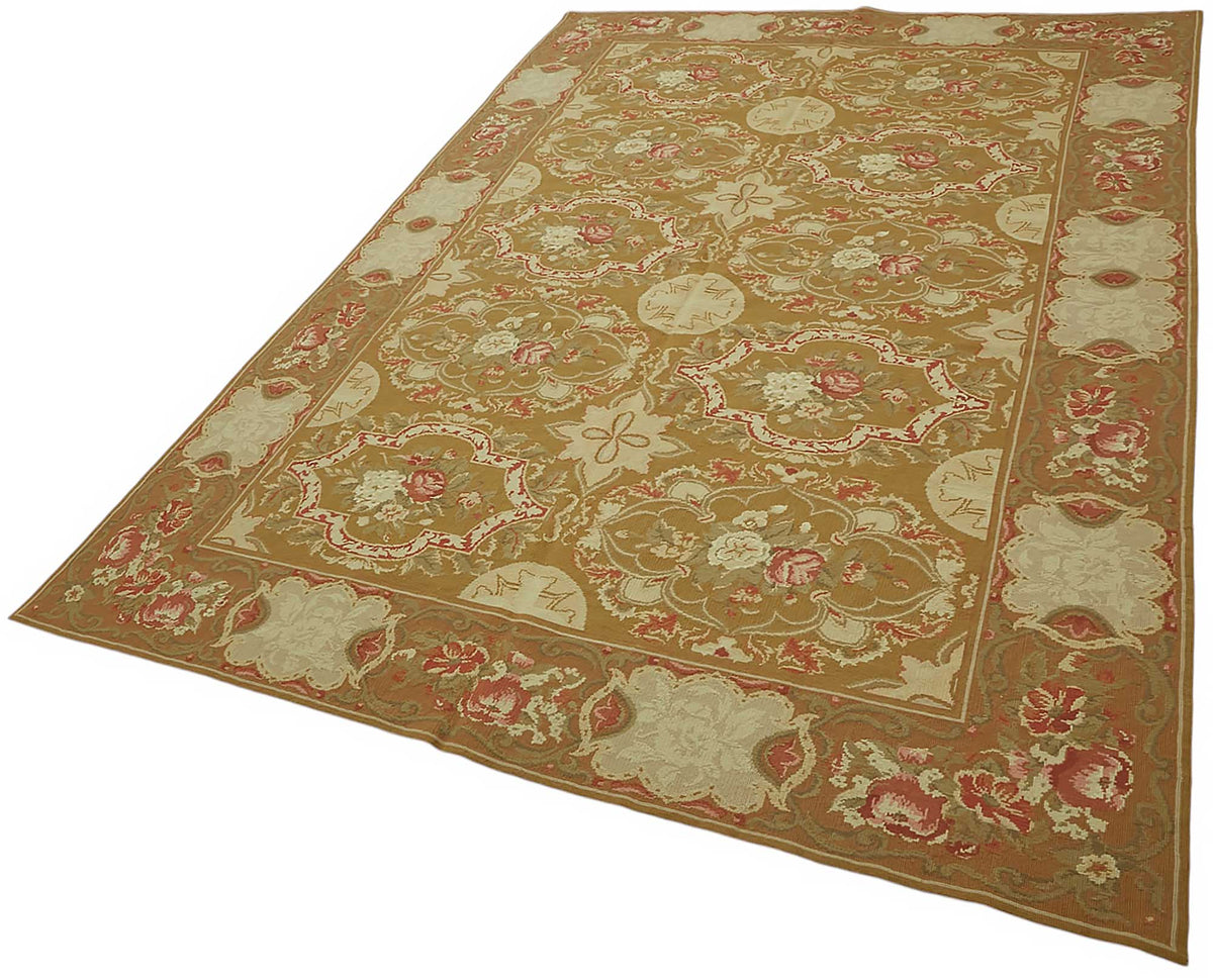 Mevri Needlepoint Altın Bej Çiçek Desenli El Dokuma Halı 181x273 cm – doku yakın çekim