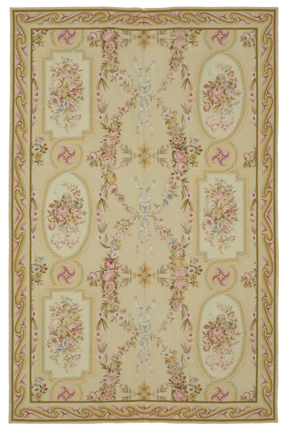 Mevri Çiçek Desenli Bej ve Pembe Needlepoint Halı 177x277 cm