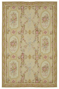 Mevri Çiçek Desenli Bej ve Pembe Needlepoint Halı 177x277 cm