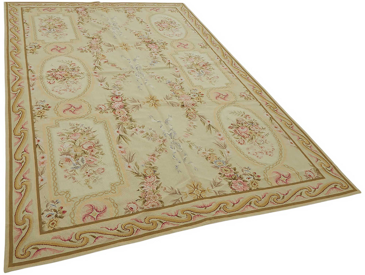 Mevri Çiçek Desenli Bej ve Pembe Needlepoint Halı 177x277 cm – genel görünüm