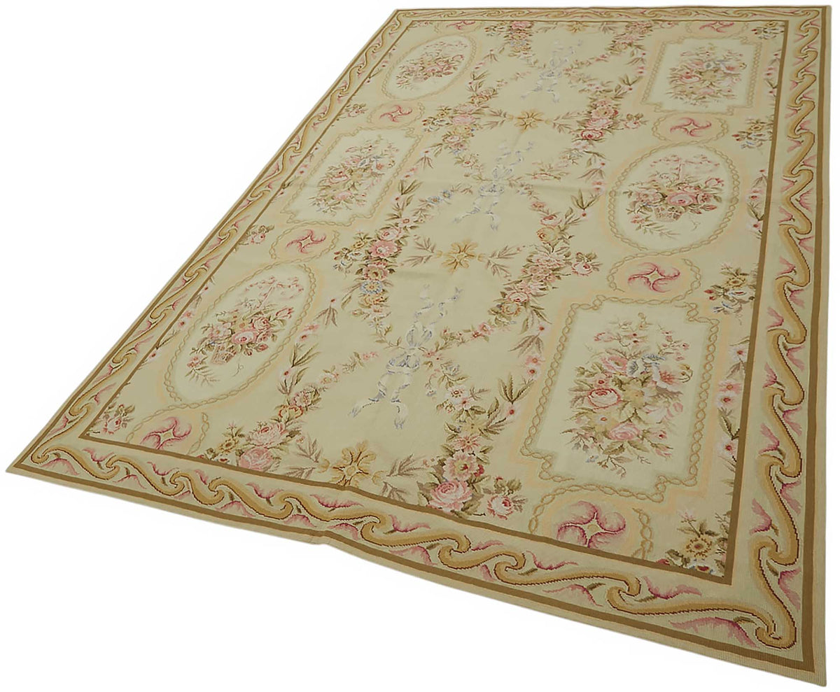 Mevri Çiçek Desenli Bej ve Pembe Needlepoint Halı 177x277 cm – doku yakın çekim
