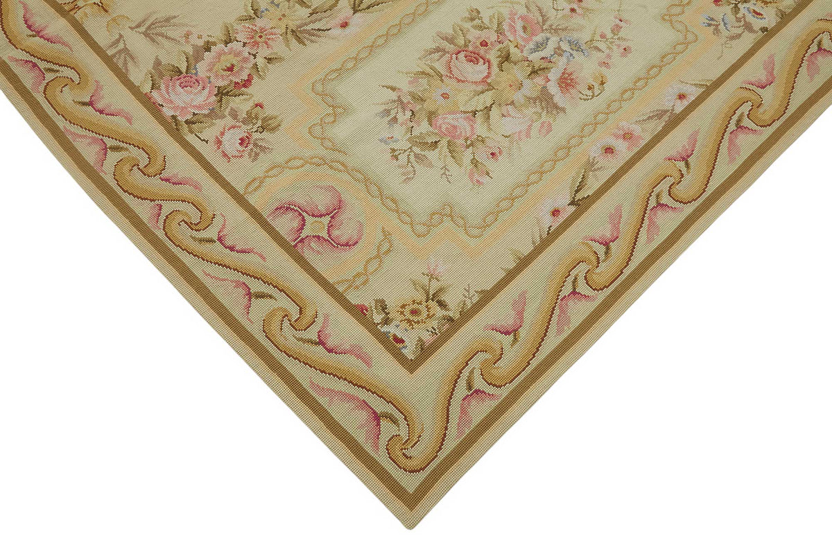 Mevri Çiçek Desenli Bej ve Pembe Needlepoint Halı 177x277 cm – detay görünümü