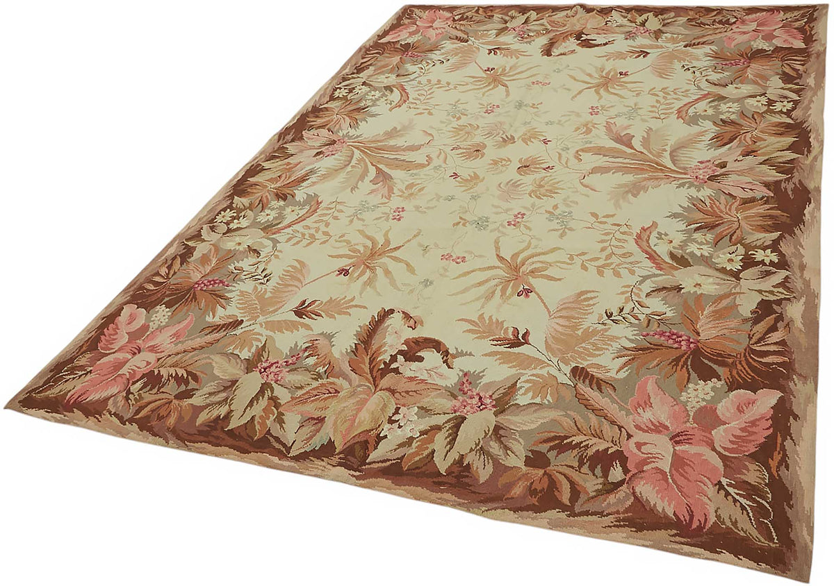 Mevri Çiçek Desenli Düz Kahverengi Halı Bej Renk 184x263 cm – doku yakın çekim