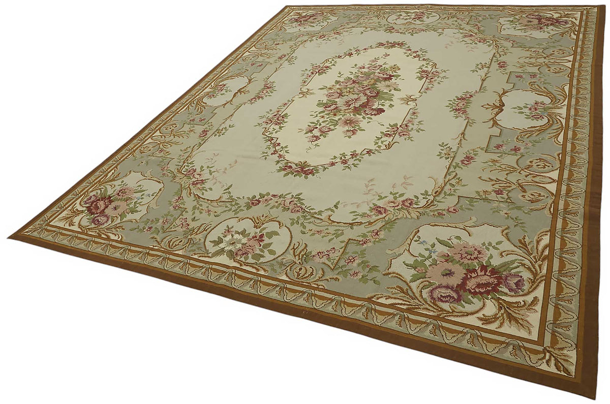 Mevri Gri Bej Halı Pembe Yeşil Çiçekli El Dokuma 243x302 cm – doku yakın çekim