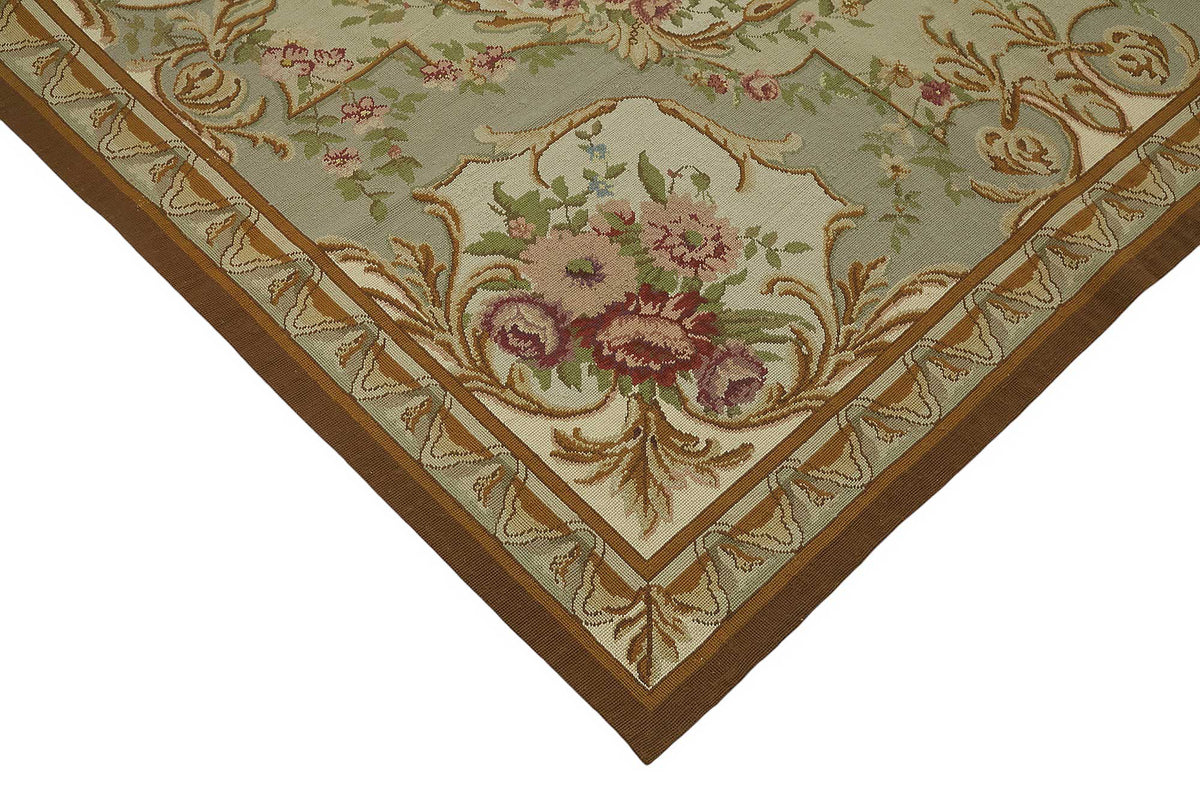 Mevri Gri Bej Halı Pembe Yeşil Çiçekli El Dokuma 243x302 cm – detay görünümü