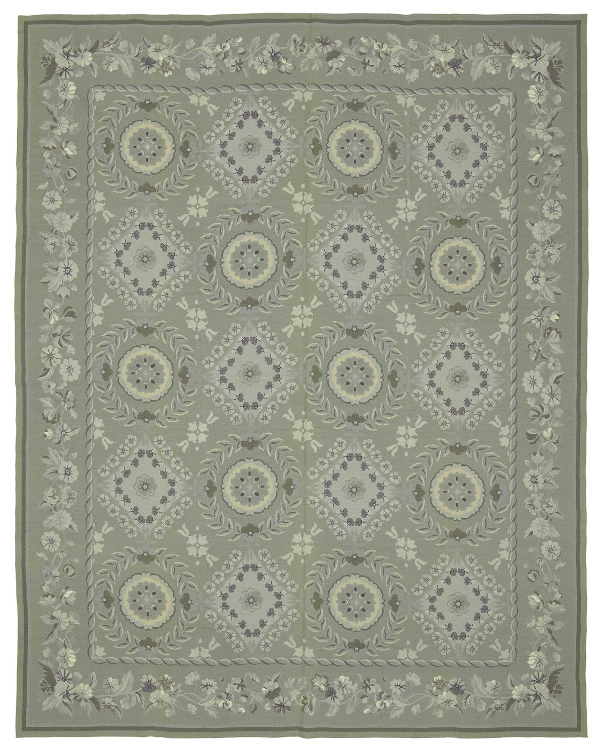 Mevri Açık Gri ve Yeşil Madalyon Desenli Düz Dokuma Halı 242x308 cm
