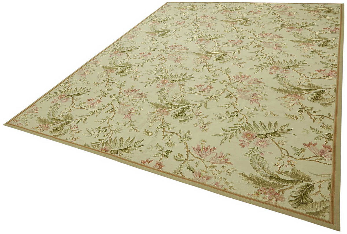 Mevri Krem Yeşil Klasik Çiçekli El Dokuma Halı 279x357 cm – doku yakın çekim