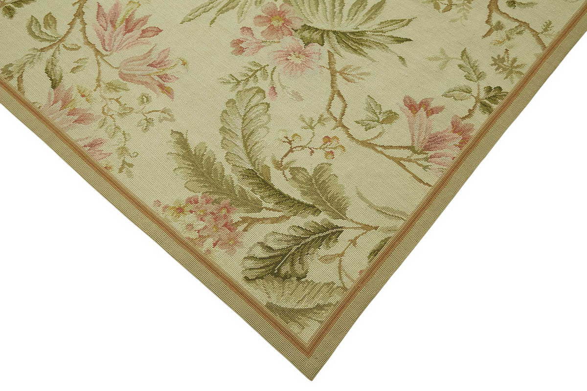 Mevri Krem Yeşil Klasik Çiçekli El Dokuma Halı 279x357 cm – detay görünümü