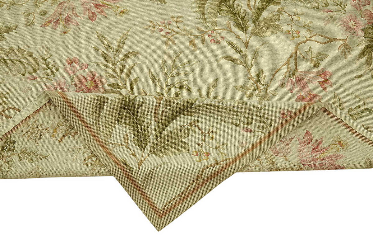Mevri Krem Yeşil Klasik Çiçekli El Dokuma Halı 279x357 cm – kenar detayı