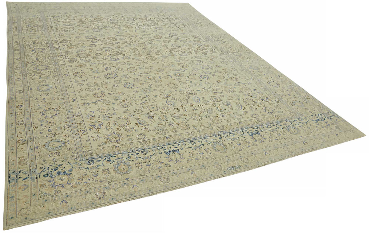 Rusvo Çiçek Desenli Bej Mavi El Dokuma Vintage Halı 280x386 cm – genel görünüm