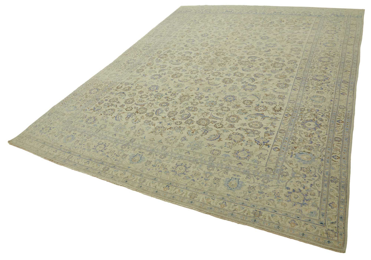 Rusvo Çiçek Desenli Bej Mavi El Dokuma Vintage Halı 280x386 cm – doku yakın çekim