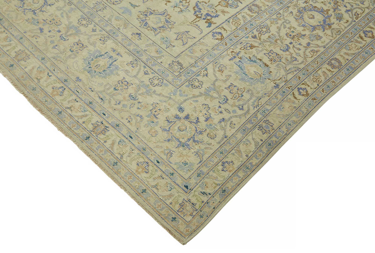 Rusvo Çiçek Desenli Bej Mavi El Dokuma Vintage Halı 280x386 cm – detay görünümü