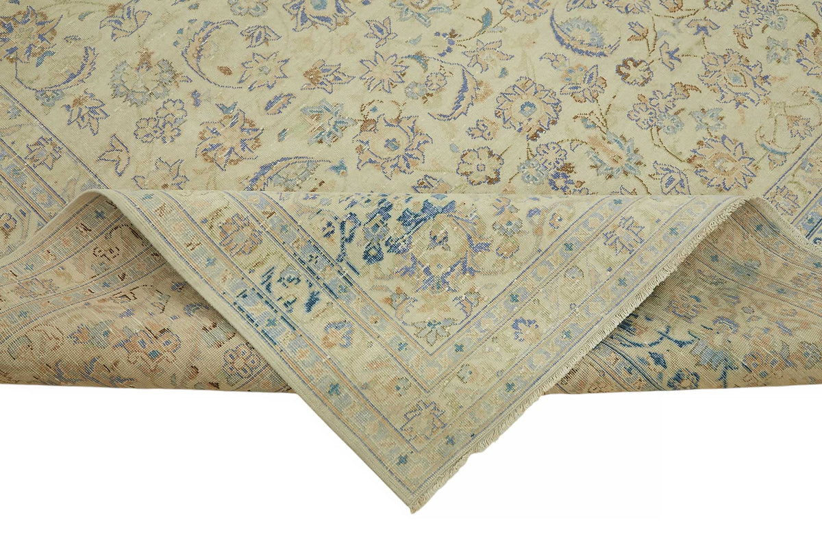 Rusvo Çiçek Desenli Bej Mavi El Dokuma Vintage Halı 280x386 cm – kenar detayı
