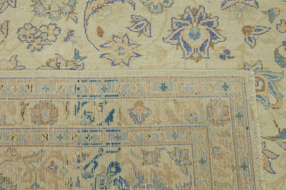 Rusvo Çiçek Desenli Bej Mavi El Dokuma Vintage Halı 280x386 cm – arka yüz görünümü