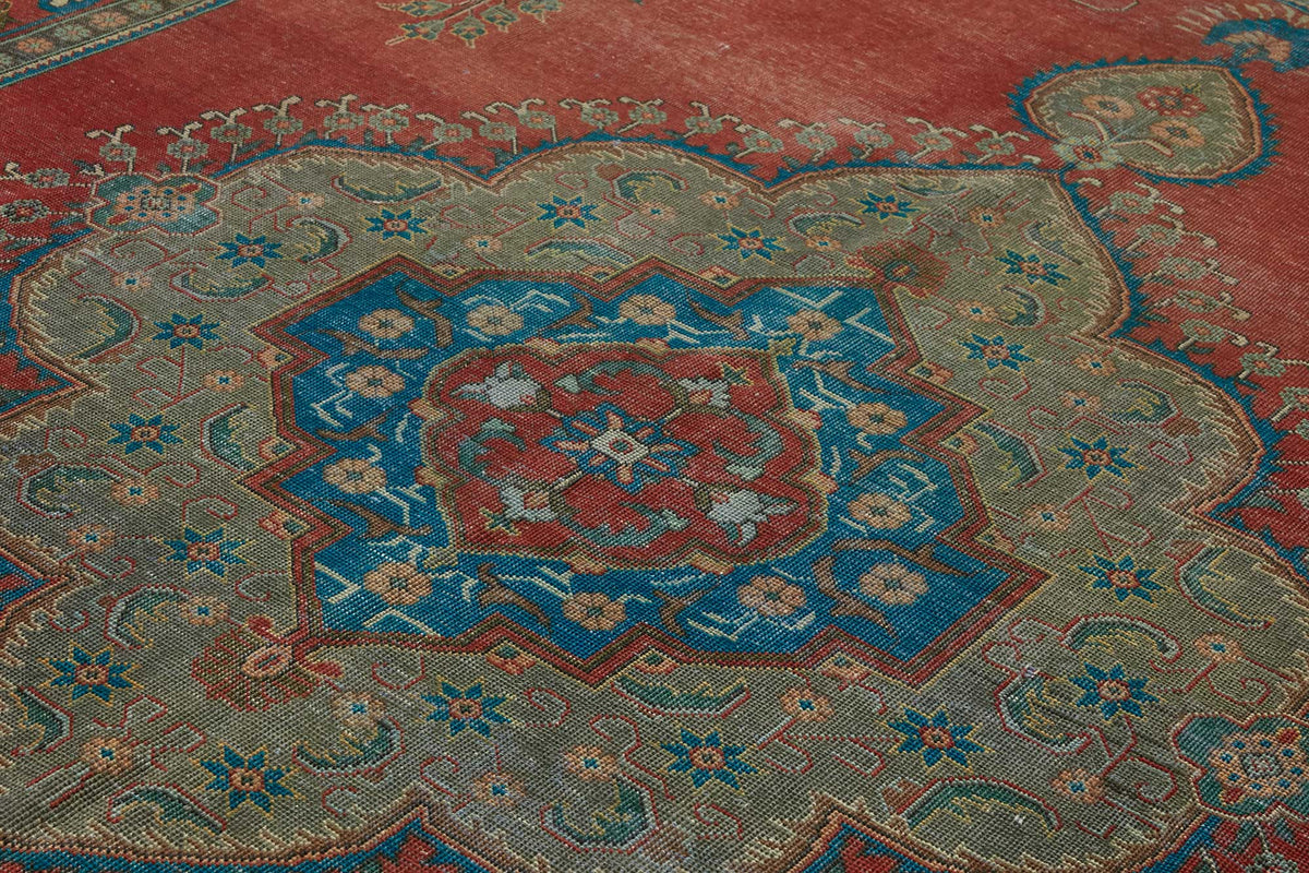 Rusvo Vintage Kırmızı Mavi Madalyon Desenli El Dokuma Halı 291x384 cm – mekânda kullanım