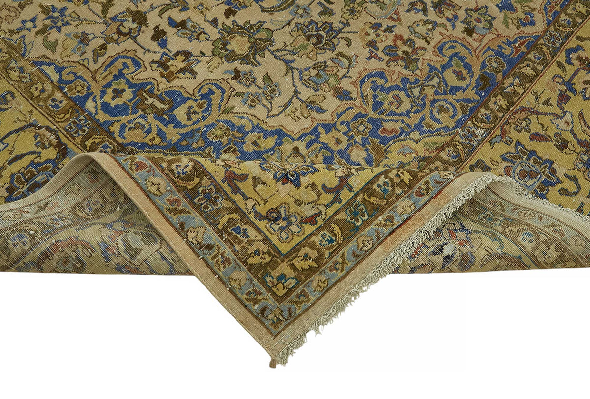 Rusvo Bej Halı Gold ve Lacivert Desenli El Dokuma 288x410 cm – kenar detayı